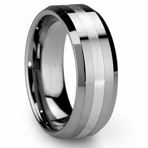 Mens Tungsten Wedding Band Ring 8mm. Silver Polished Ring w/ Matte Finish Stripe